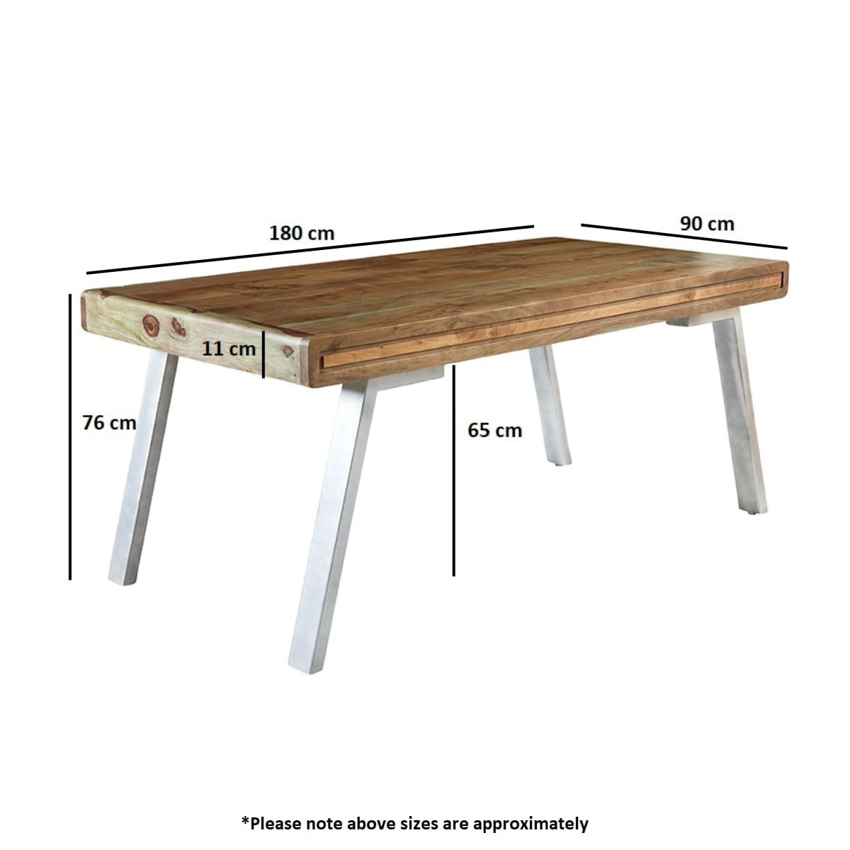 Aspen Large Dining Table with solid wood top and angled metal legs, dimensions shown in technical diagram
