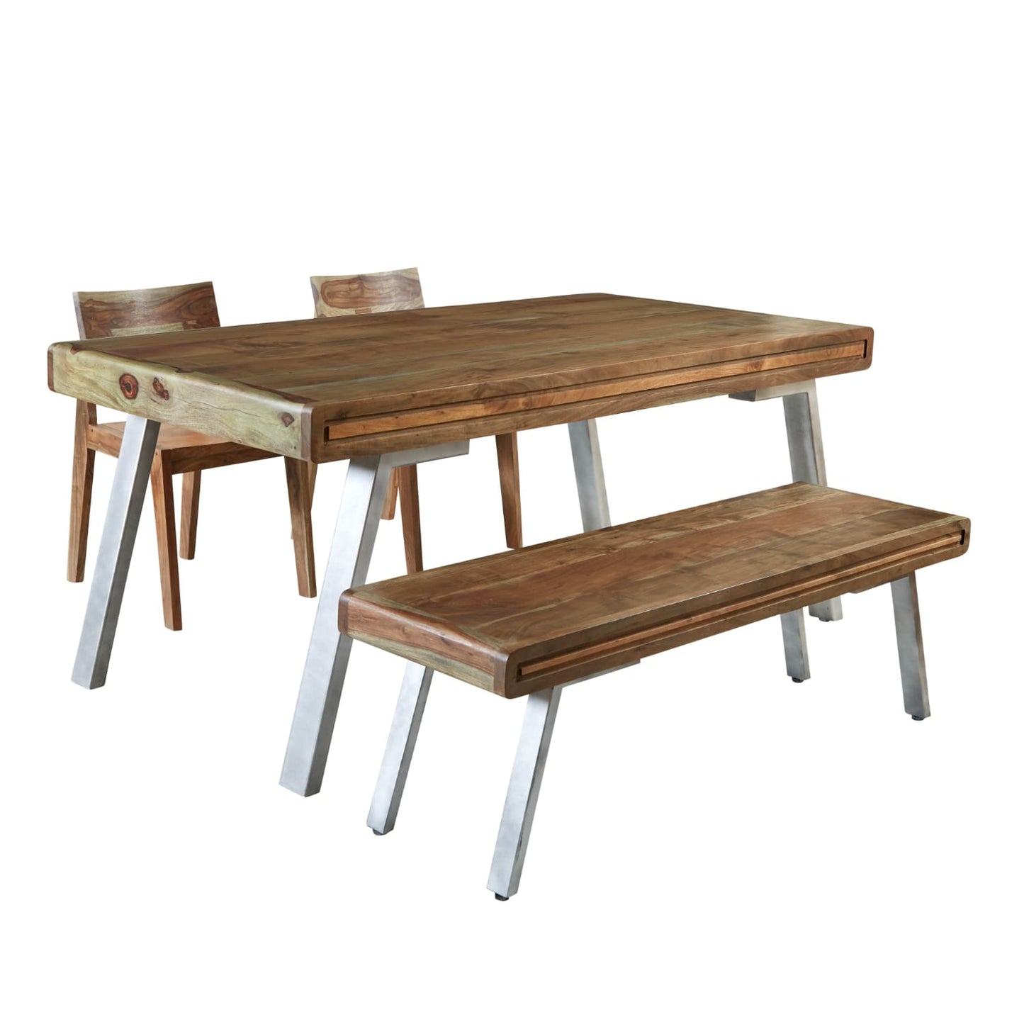 Aspen Medium Dining Table with wooden bench and chairs featuring rustic hardwood top and industrial metal legs