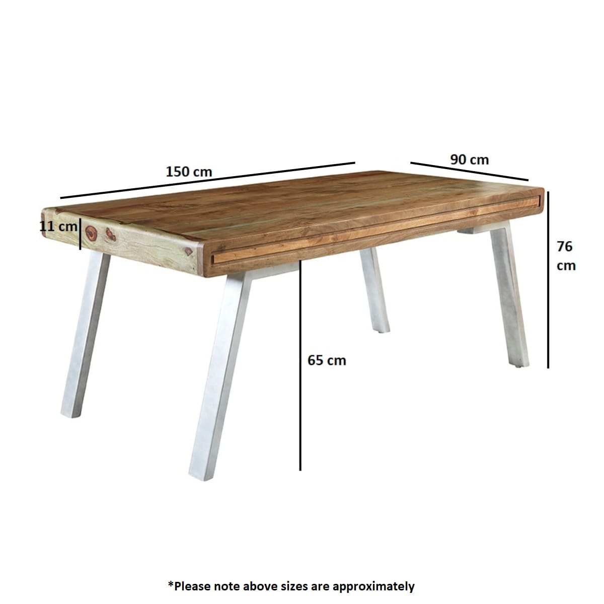 Aspen Medium Dining Table with solid hardwood top and reclaimed metal legs, dimensions shown in technical diagram view