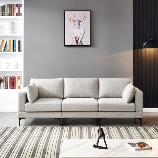 Modern Anek three seater grey fabric sofa with black metal legs in contemporary living room setting