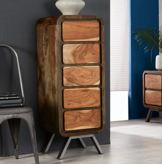 Aspen Five Drawer Tall Chest with two-tone wood finish, retro design and metal legs in modern living space setting