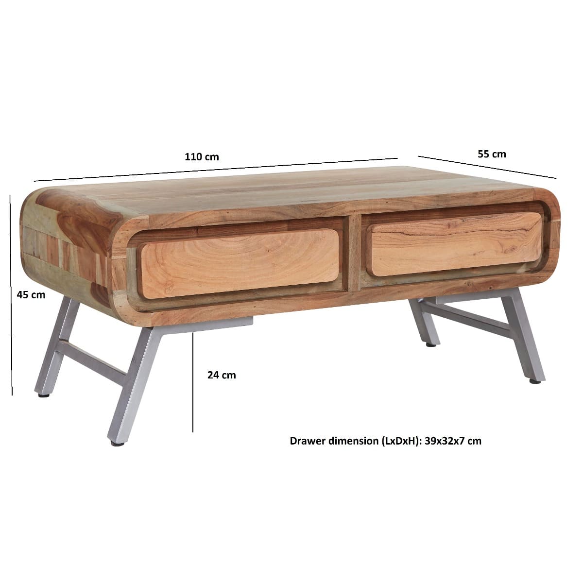Aspen Coffee Table Two Drawer with retro-modern design, wooden top, metal legs and dual storage drawers