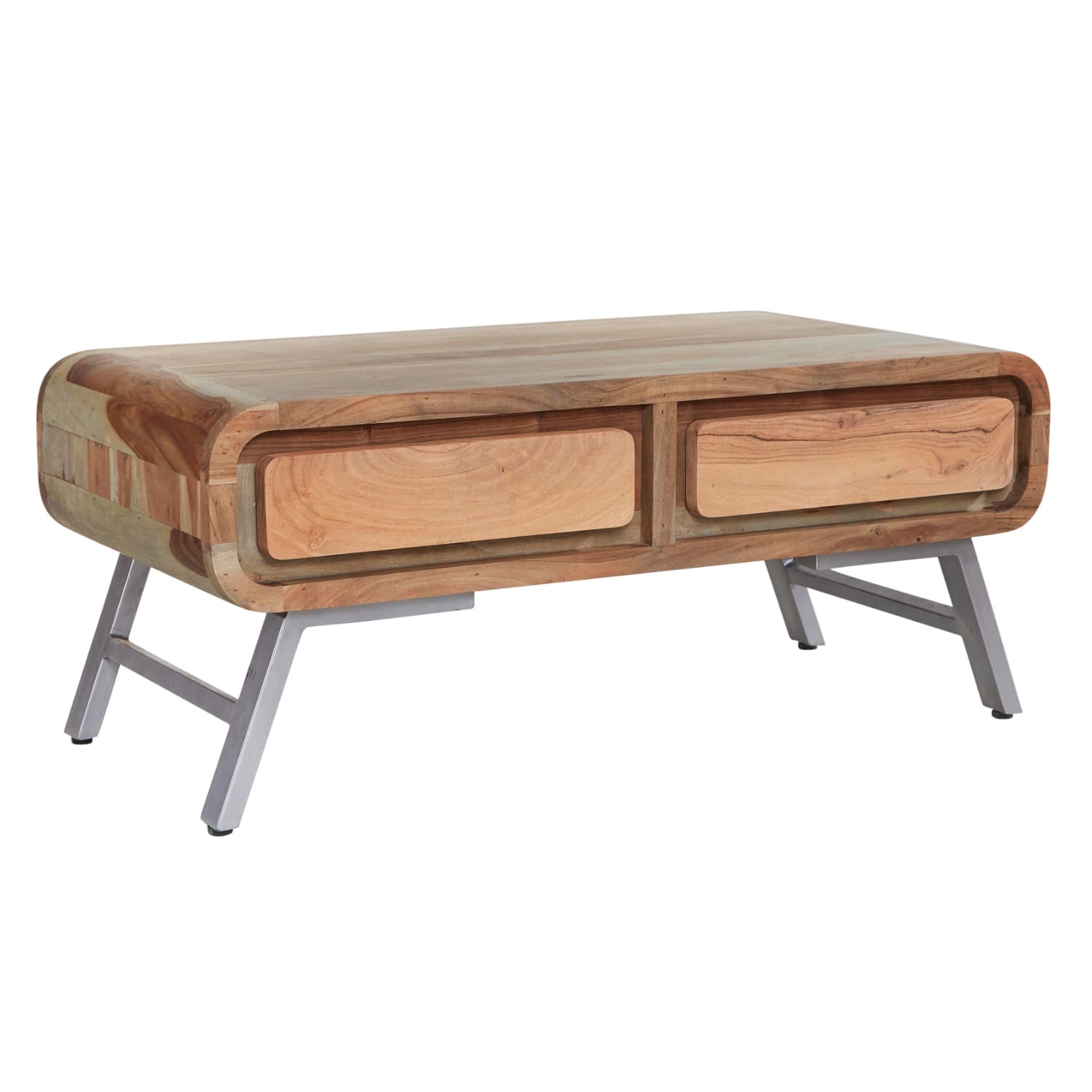 Aspen Coffee Table Two Drawer with modern wood design, metal legs, and retro-inspired dual storage drawers