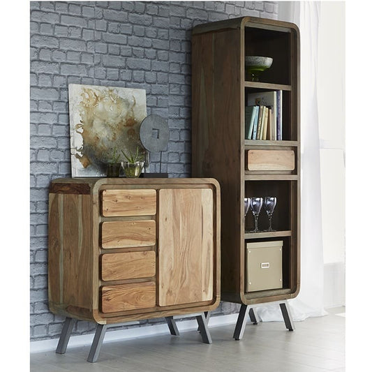 Aspen Narrow Bookcase with retro-style design featuring solid hardwood shelves and metal legs against grey brick wall