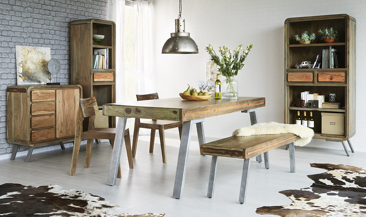 Aspen Medium Dining Table in solid hardwood with metal legs and retro design showing matching bench and sideboard