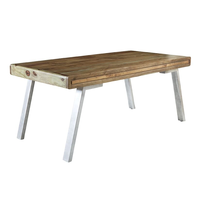 Aspen Large Dining Table with reclaimed wood top and modern white metal legs, featuring retro-industrial design