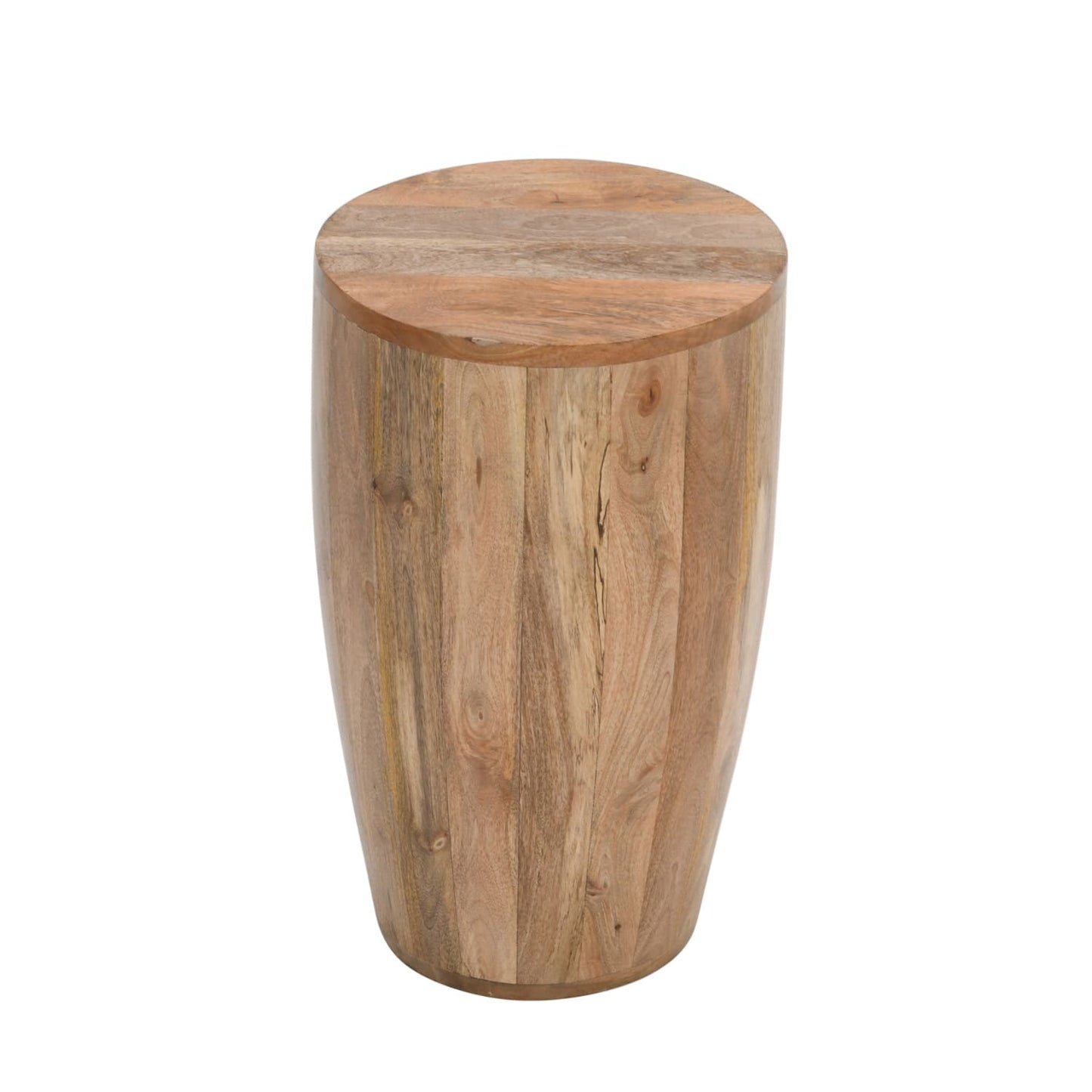 Surrey Solid Wood Drum Side Table in natural mango wood finish with cylindrical shape and smooth round top