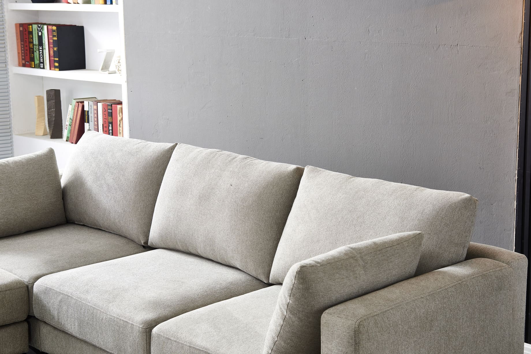 Anek three seater grey fabric sofa with plush cushions in modern living room with built-in bookshelf